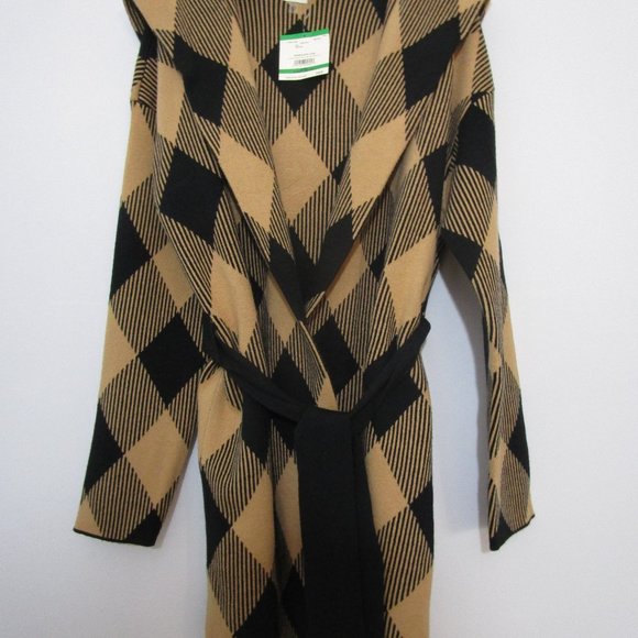 NWT Hooded Wrap Cardigan Sweater Diamond Plaid Check Camel Black - Picture 4 of 11